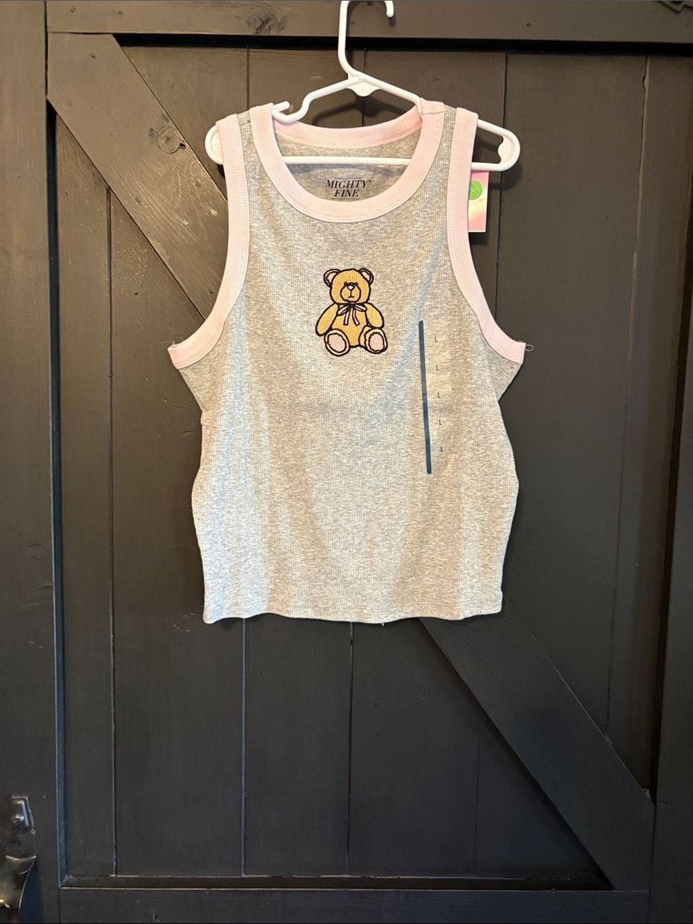 Mighty Fine Grey Tank Top with Pink Trim and Teddy Bear Patch